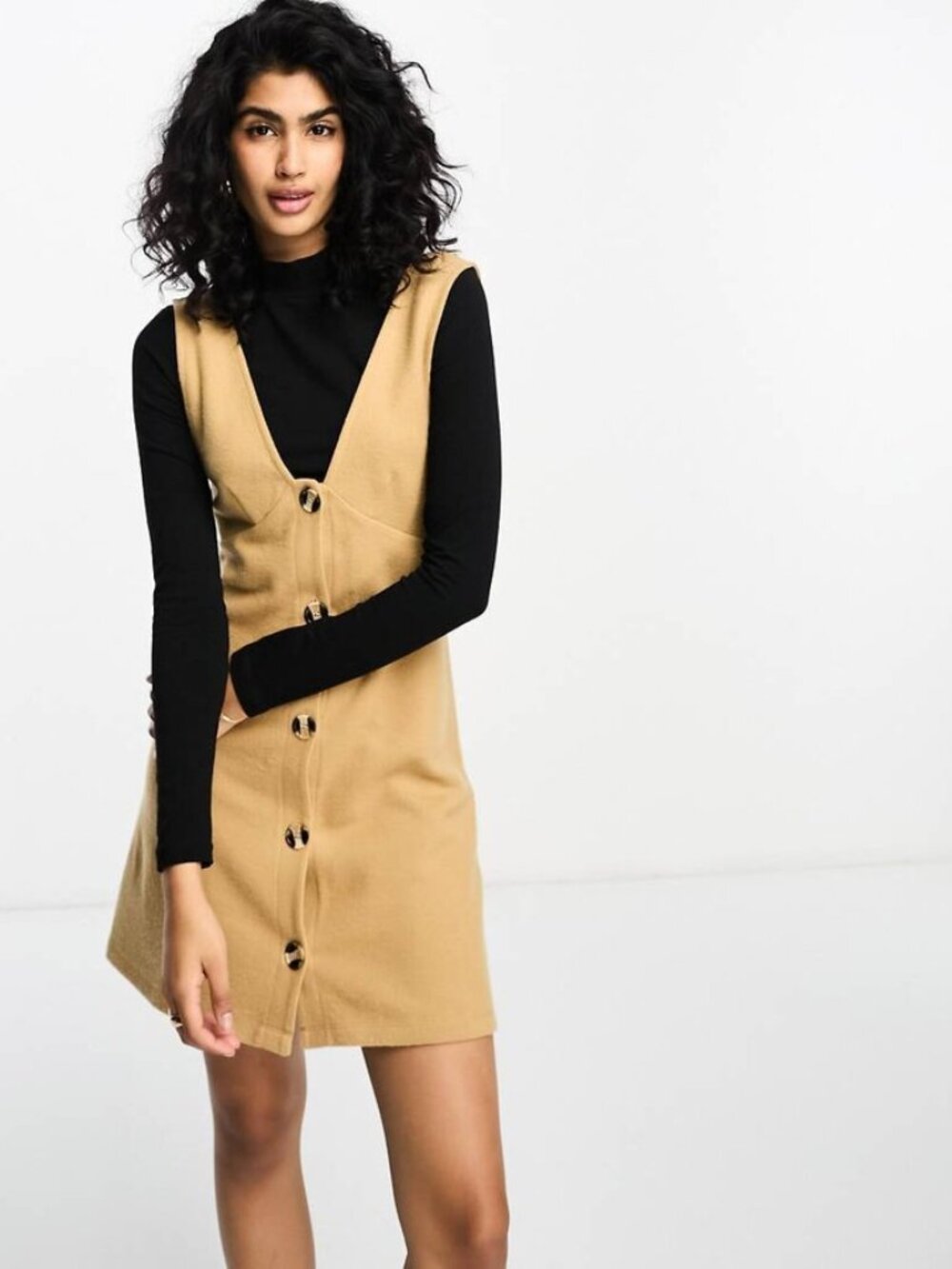 NWT ASOS 2 in 1 Button Down Pinafore/ Overall Mini Dress in Camel Tan & Black